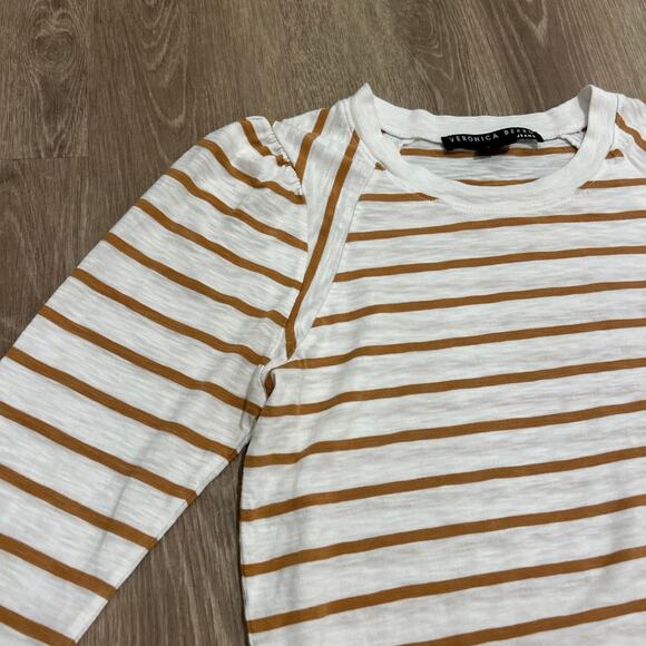 Veronica Beard Mason Stripe Puff Sleeve Baseball Tee White Caramel Size M - Picture 15 of 16